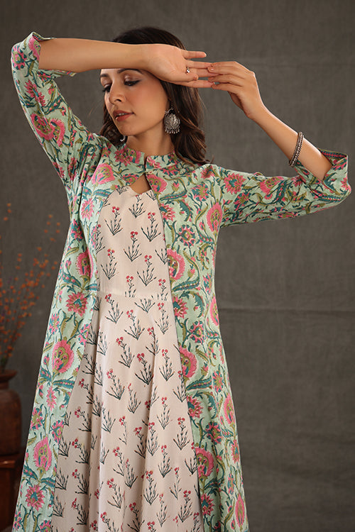 Shuddhi Mint Green Block Printed Double Layered Dress