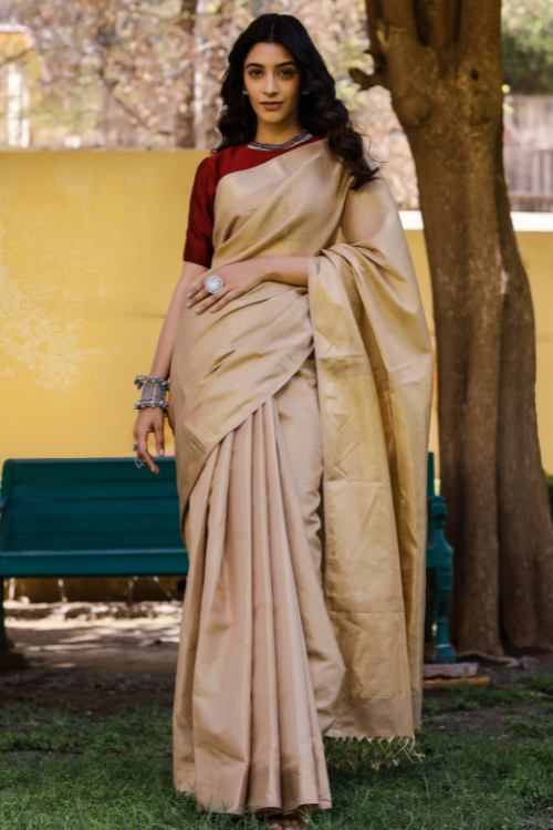 HandweaveIndia Herringbone Gold silk cotton Tissue saree