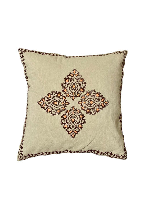 Samuday Craft Tan-Brown-Handblock-Printing-With-Hand-Embroidery-Cushion-Cover