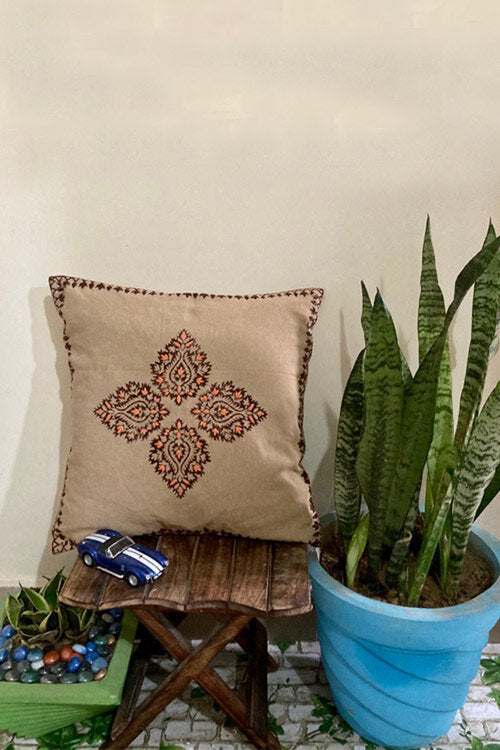 Tan-Brown-Handblock-Printing-With-Hand-Embroidery-Cushion-Cover