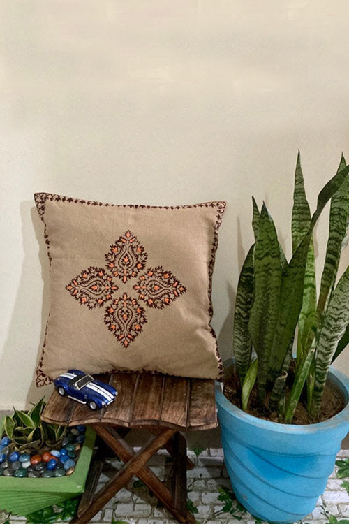 Samuday Craft Tan-Brown-Handblock-Printing-With-Hand-Embroidery-Cushion-Cover