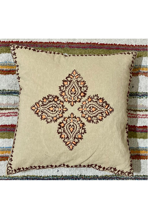 Samuday Craft Tan-Brown-Handblock-Printing-With-Hand-Embroidery-Cushion-Cover