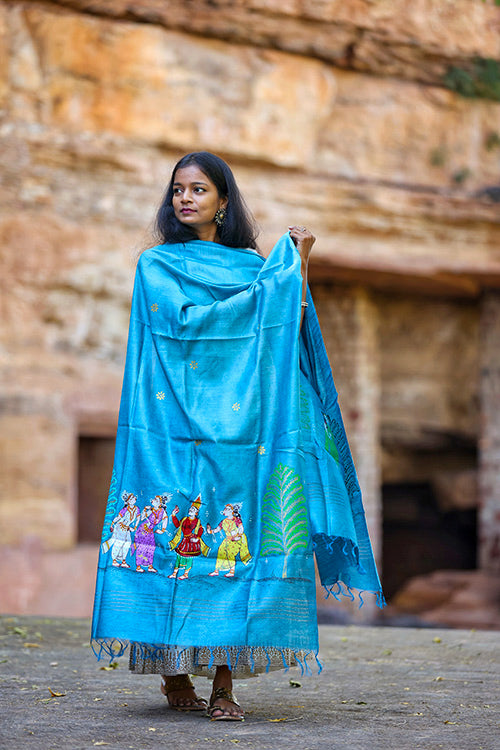 Pattachitra Munga Silk Turquoise Handpainted Dupatta