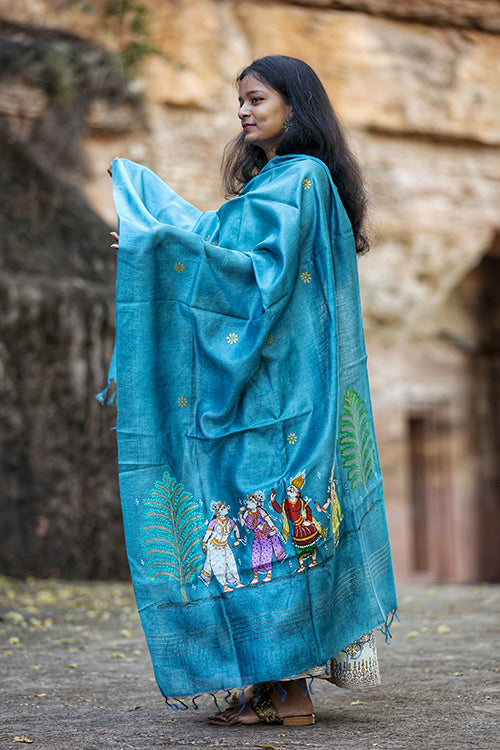 Pattachitra Munga Silk Turquoise Handpainted Dupatta