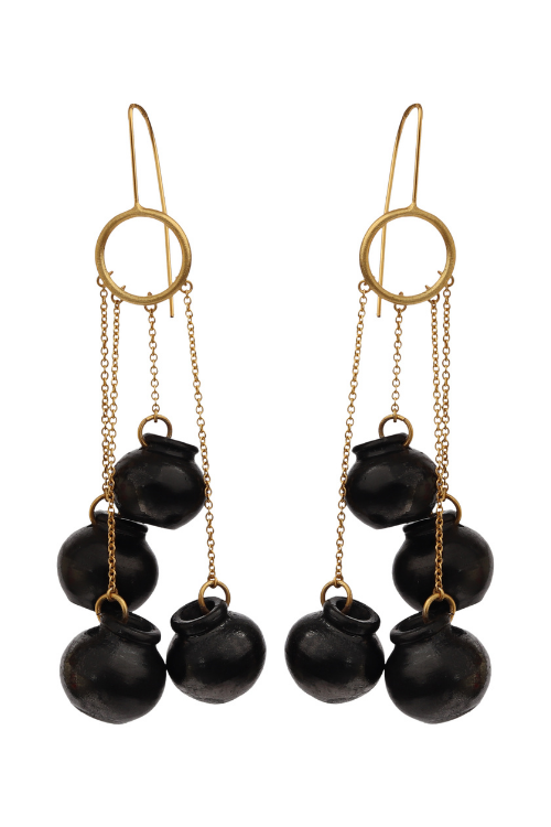 Kabbish'S Sikahar Chain Dangle Earrings, Black Pottery