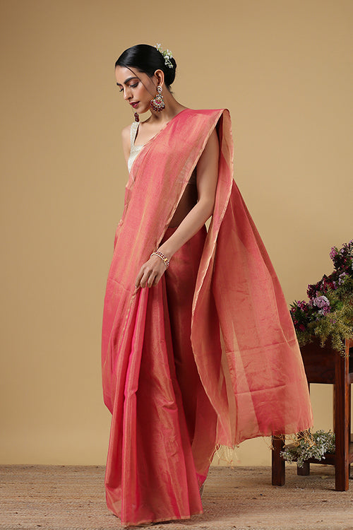 Dusty Pink Handweave Maheshwari Handloom Full Tissue Saree Online