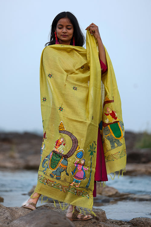 Diorama Designs Royal Yellow Munga Silk Pattachitra Dupatta