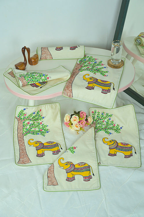 Diorama Designs Chanderi Silk Handpainted Elephant Table Runner & Mats