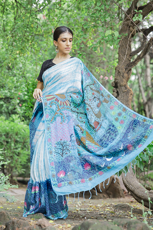 Madhubani Shibori Sky Blue Handpainted Linen Saree Online