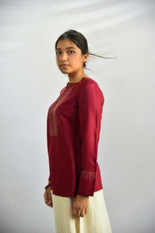 Sadhna'Choko' Maroon Tanka Work Cotton Silk Kurta.