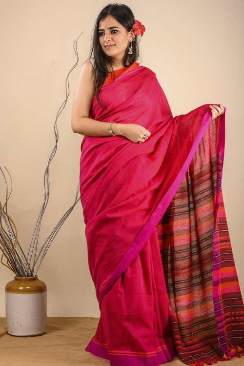 Warm Pink Handwoven Pure Cotton Saree Online