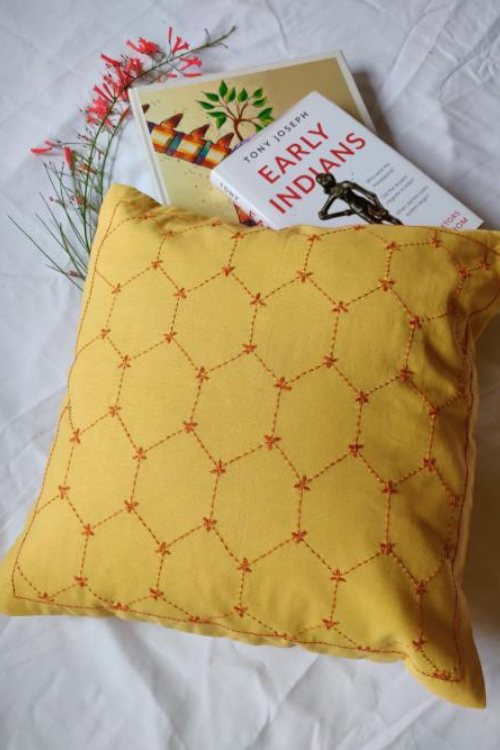 Porgai 'Honeycomb' Hand Embroidered Cotton Cushion Cover Yellow-11