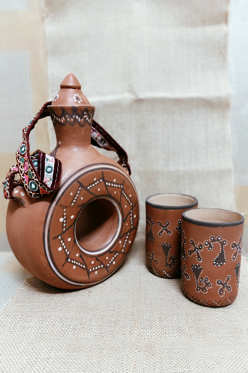 Terracotta by Sachii "Kutch Painted Pottery Donut Bottle and Tumblers Set"