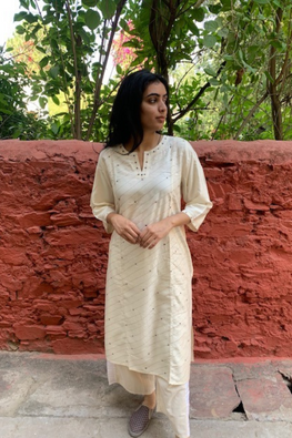 Sadhna 'Badali'  White Tanka Work Long Cotton Silk Kurta
