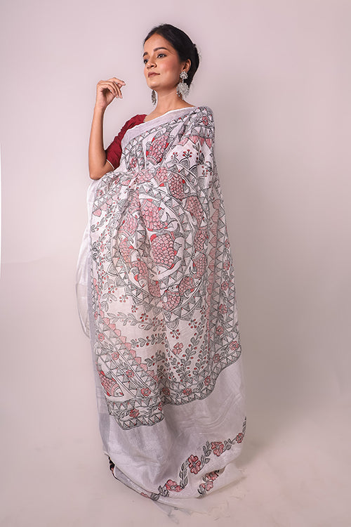 Madhubani White Hand-Painted Linen Saree