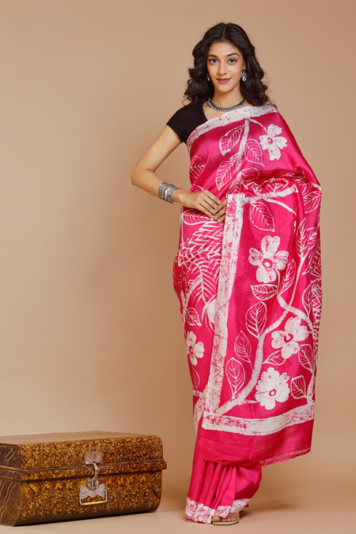 GC 'Fern Cherry' Handwoven Hand Batik Mulberry Pure Silk Saree Online