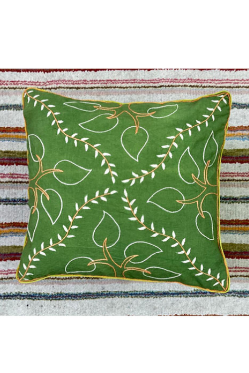 Samuday Craft Green--Handblock-Printing-With-Hand-Embroidery-Cushion-Cover