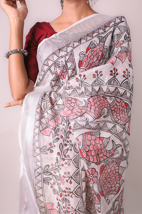 Madhubani White Hand-Painted Linen Saree