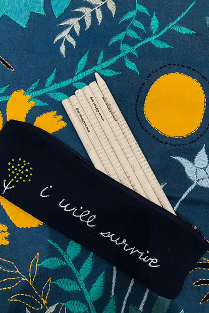 Okhai 'Stash' Hand Embroidered Pure Cotton Pouch with Pencils