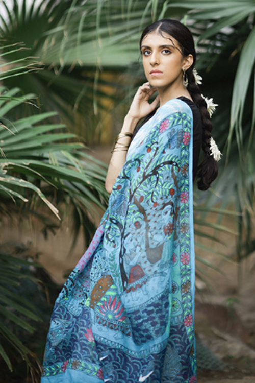 Diorama Designs Madhubani Shibori Sky Blue Hand-Painted Linen Saree