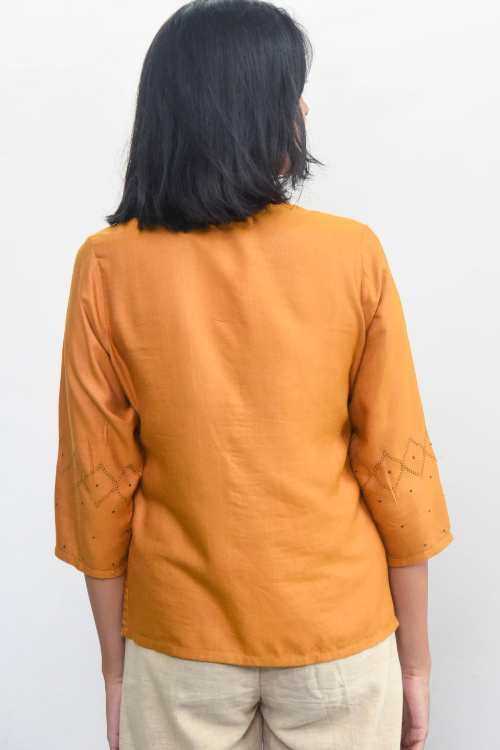 Sadhna 'Aavaili' Mustard Tanka Work Cotton Silk  Top.