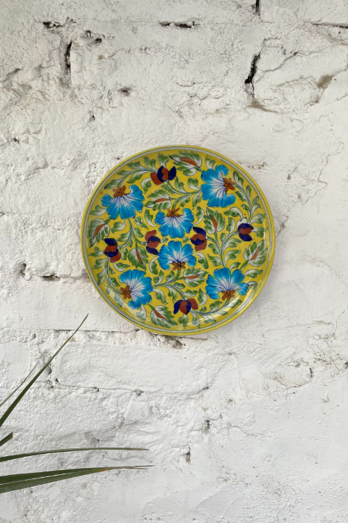 Blue Pottery Handcrafted Wall Hanging Plate Yellow