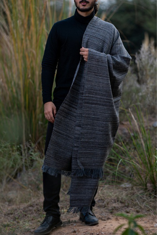 Fine, Soft Himachal Wool Shawl With Woven Border - Grey