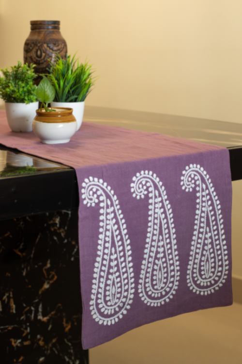 Samuday Crafts Purple Table Runner With Chikankari Embroidery
