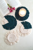 Macrame Round Coasters - Off white & Forest green ( set of 4)