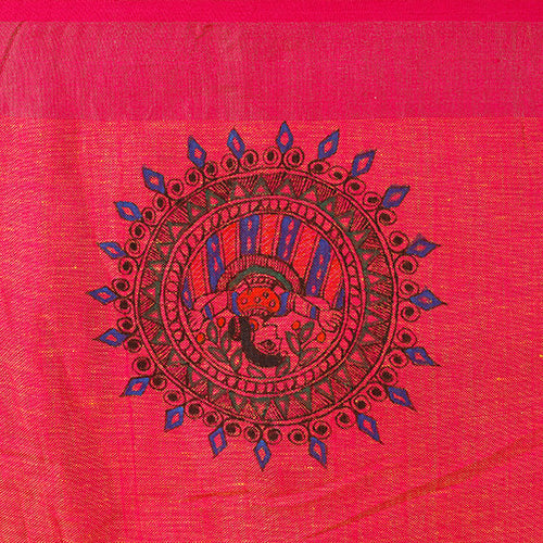 Madhubani Hand-painted Pure Linen Saree