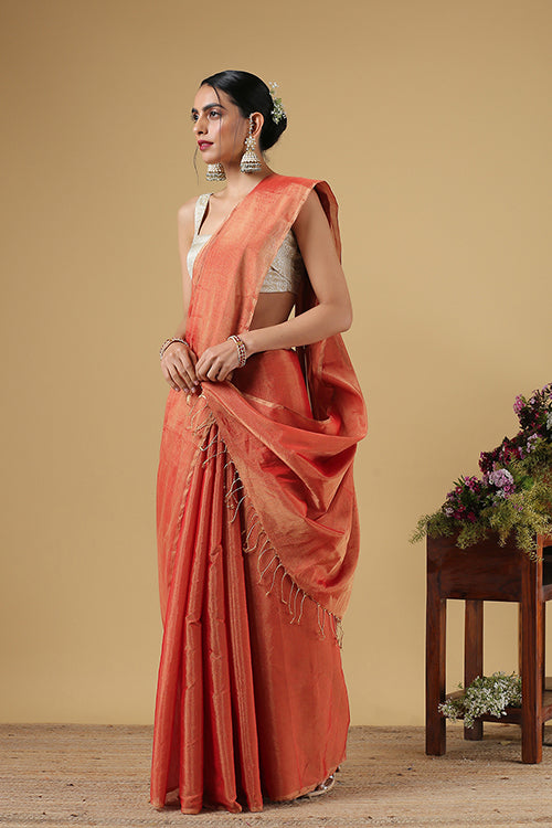 Handweave Maheshwari Handloom Full Tissue Saree Col- Red