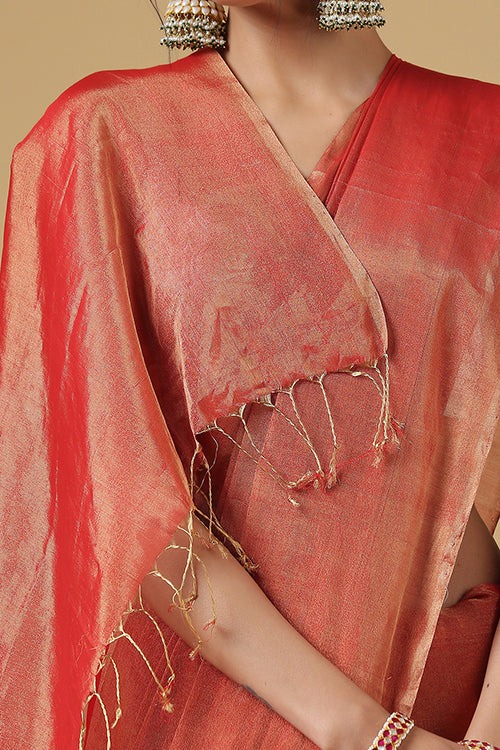 Handweave Maheshwari Handloom Full Tissue Saree Col- Red