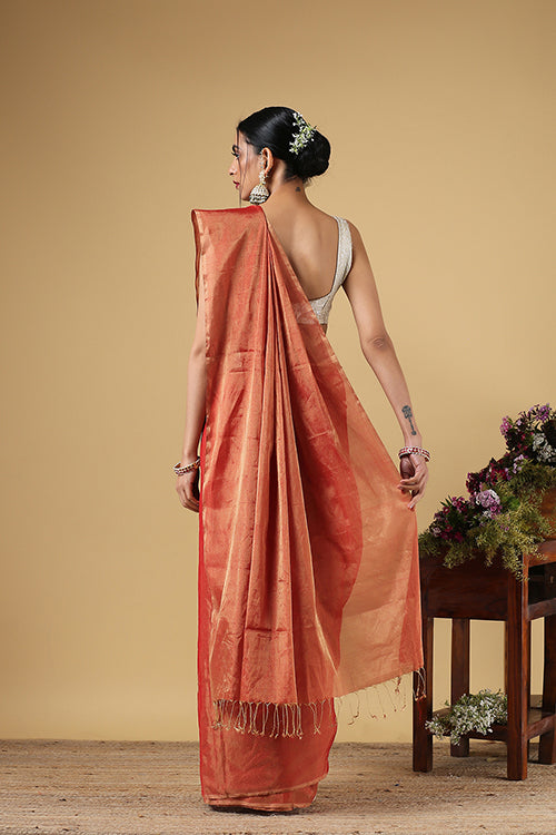 Handweave Maheshwari Handloom Full Tissue Saree Col- Red