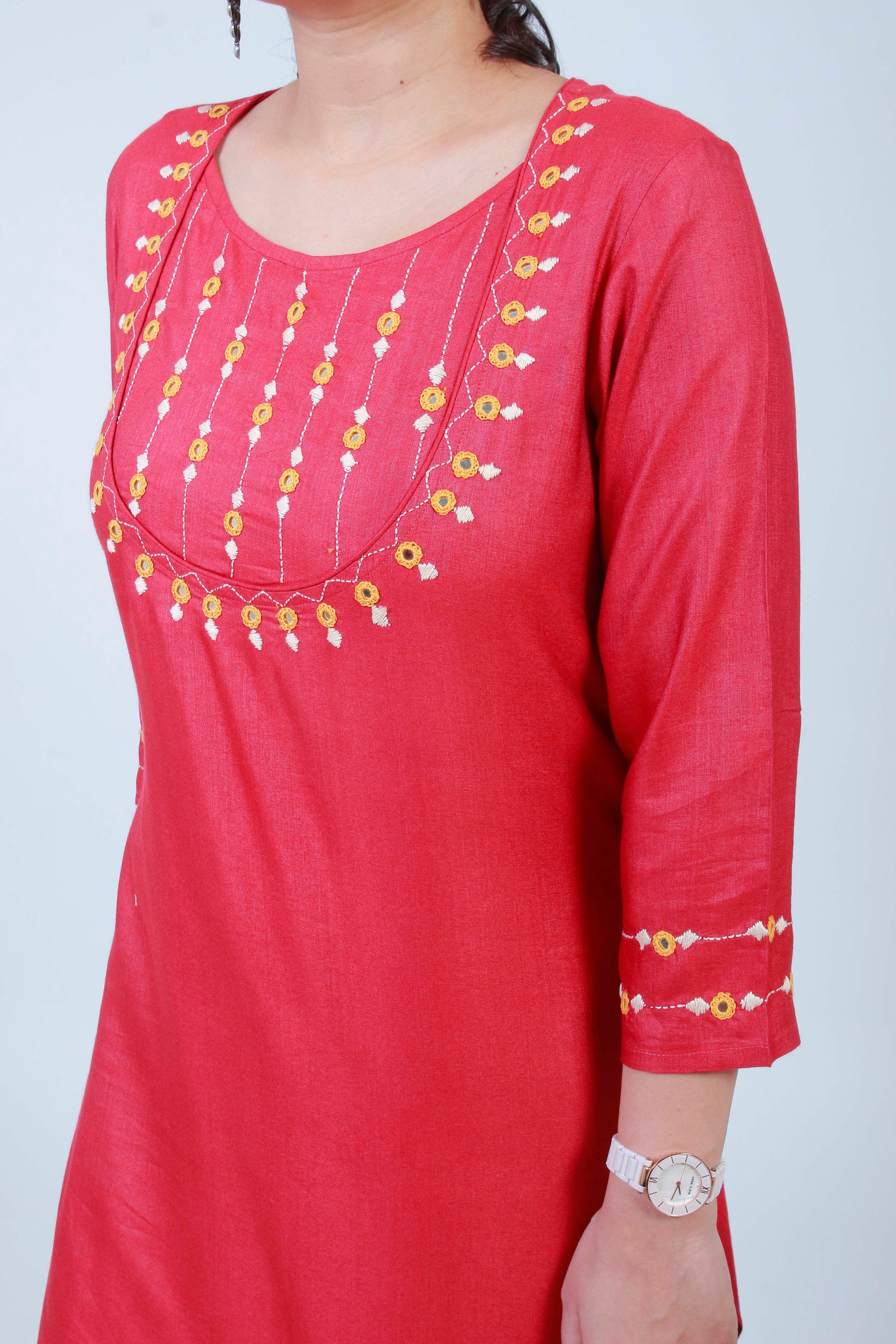 Urmul Mohini Hand Embroidered Red Cotton Silk Kurta Online