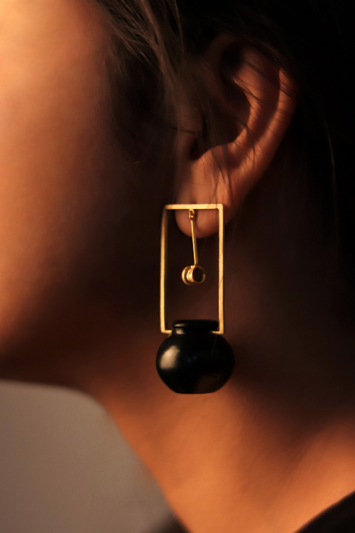 Kabbish'S Pyau Black And Gold Plated Earrings, Black Pottery
