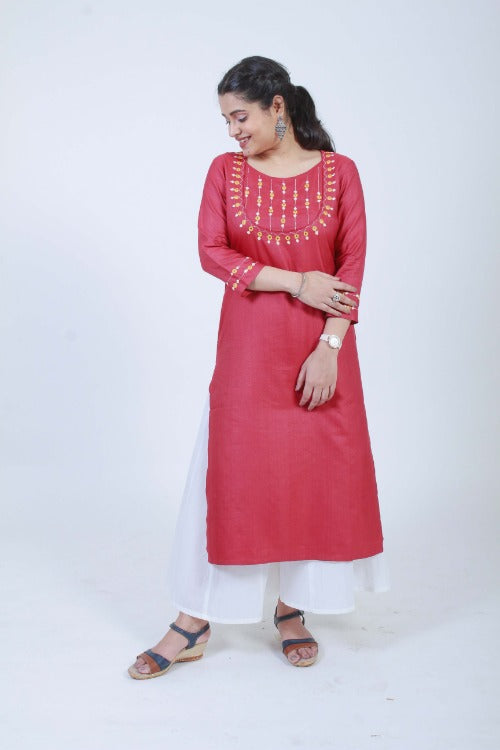 Urmul Mohini Hand Embroidered Red Cotton Silk Kurta Online