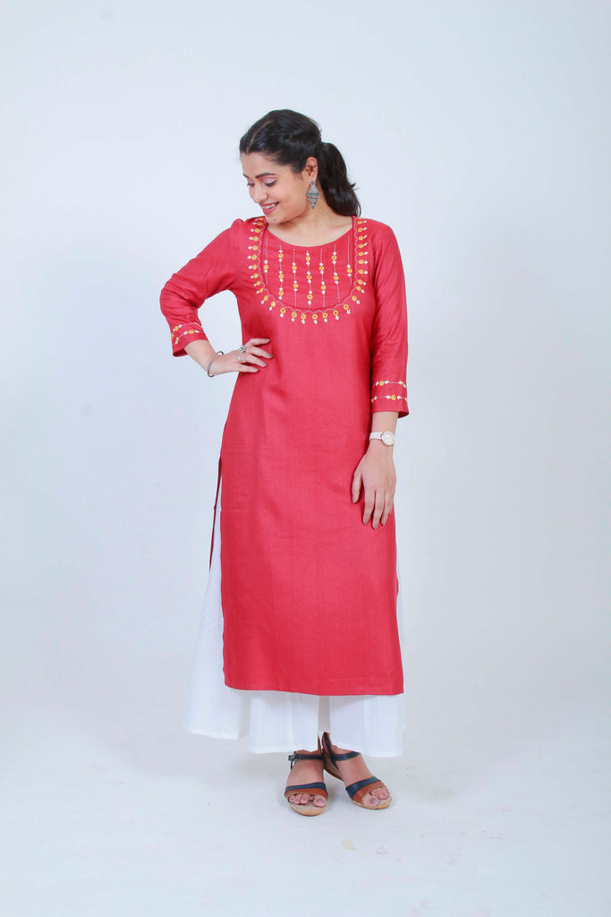 Urmul 'Mohini' Hand Embroidered Red cotton silk kurta