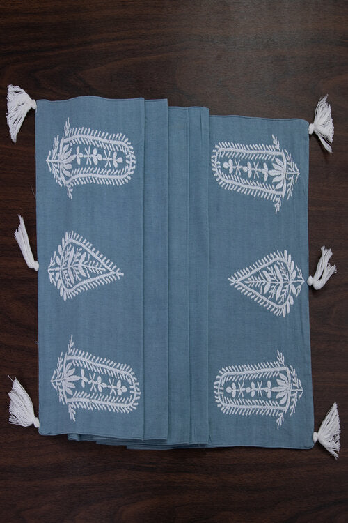 Samuday Crafts Blue Table Runner With Chikankari Embroidery