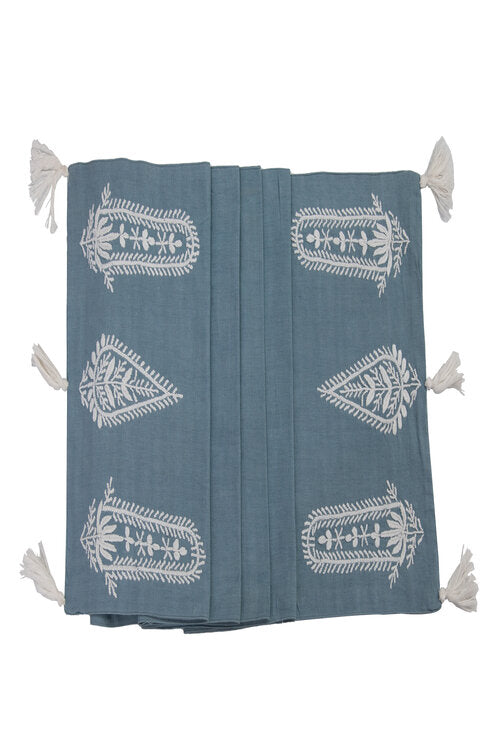 Samuday Crafts Blue Table Runner With Chikankari Embroidery