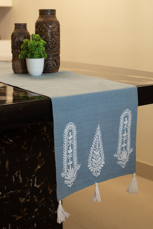 Samuday Crafts Blue Table Runner With Chikankari Embroidery