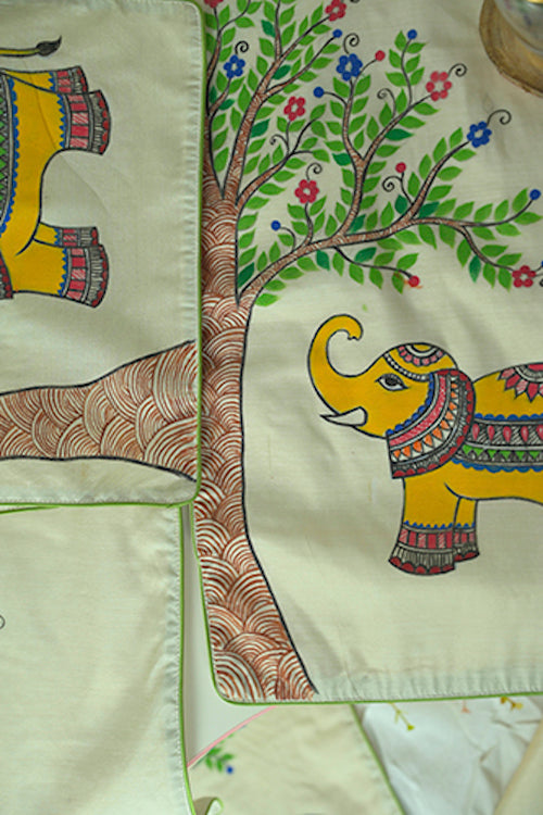 Diorama Designs Chanderi Silk Handpainted Elephant Table Runner & Mats