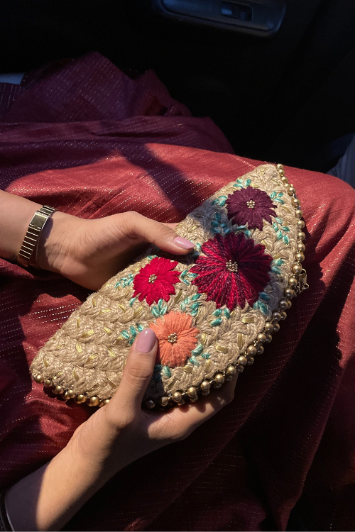 Dhaaga Red Gold Halfmoon Clutch