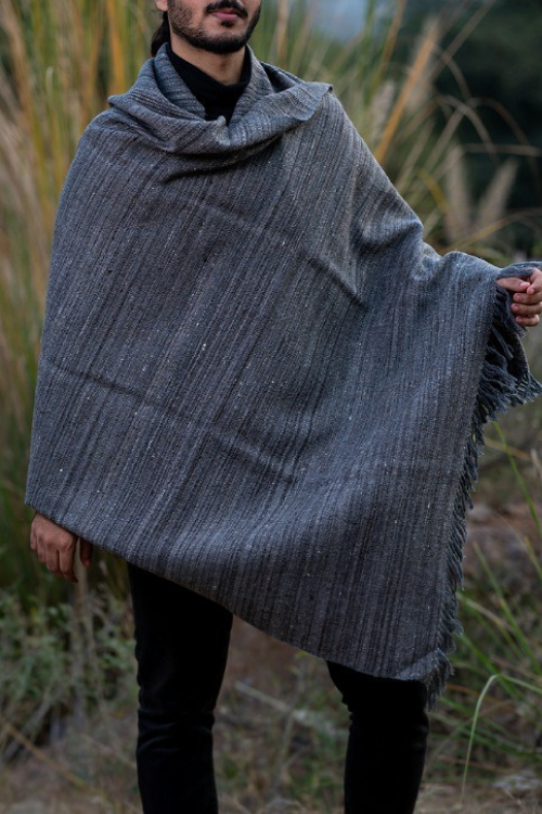 TICH Fine, Soft Himachal Wool Shawl With Woven Border - Grey