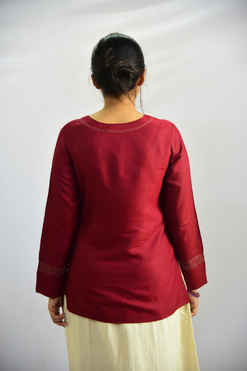 Sadhna'Choko' Maroon Tanka Work Cotton Silk Kurta.