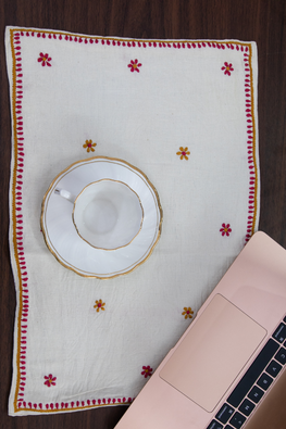 Table Placemat White With Pink Chikankari Embroidery