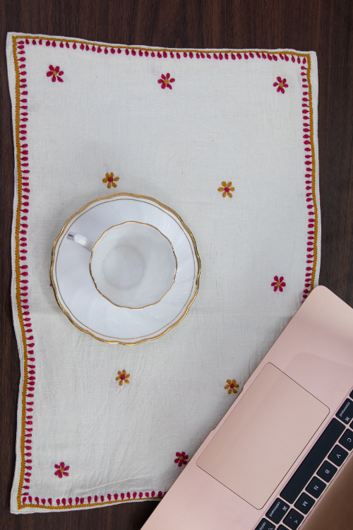 Samuday Craft Table Placemat White With Pink Chikankari Embroidery