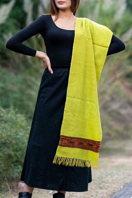 Fine, Soft Himachal Wool Muffler With Woven Border - Lime Green
