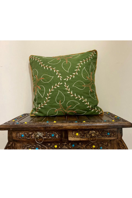 Samuday Craft Green--Handblock-Printing-With-Hand-Embroidery-Cushion-Cover