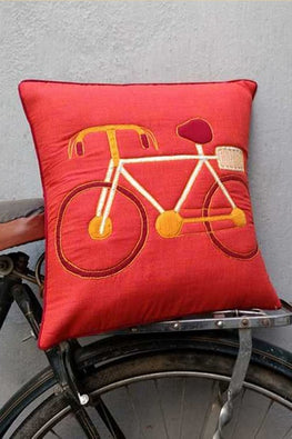 Bun.Kar Bihar 'Cycle' Sujini & Applique Embroidery Cotton Cushion Cover