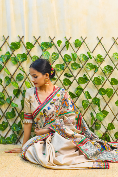 NANDGOPALA RADHA Handpainted Madhubani Tussar Silk Saree Madhubani Paints